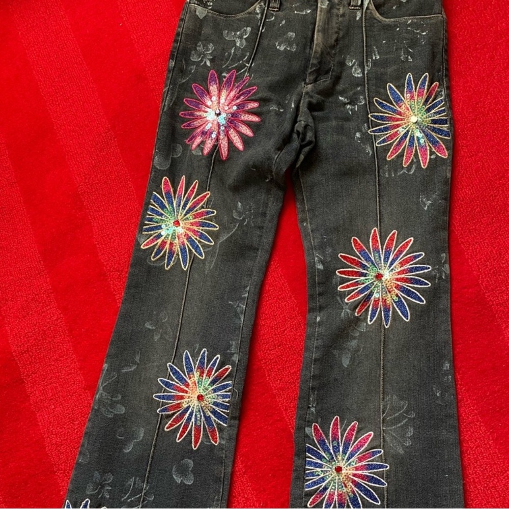 Versace Jeans Couture Flared Low Rise Jeans with Flower Sequins - Picture 3 of 6